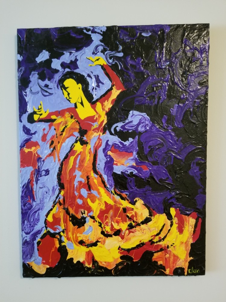 Flamenco Dancer Painted Canvas „NIGHT“ Art by Eliza 18×24″ WORLDWIDE SHIP
