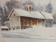 Painting of barn covered snow fine art watercolor landscape painting (original)