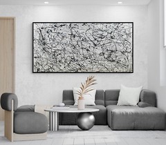 XXL Jackson Pollock Style Black & White Abstract Art Textured Painting 78×39 in