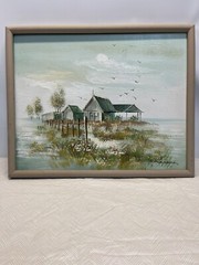 Vintage Painting On Canvas Framed. Church With Out Buildings