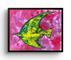 Original Tropical Fish Painting 20×16 Acrylic Canvas Green Pink Yellow Signed