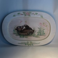 Hand-Painted Oval Wood wall Board 14.5” Bear Cub & Floral, Hanging Hole