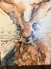 DiDi signed original painting on canvas, framed 16”x20” “Mischievous Rabbit”