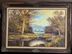 Antique – A. Young: Oil Painting „River Forest“ 24×36″ Framed 31×43″ Lovely