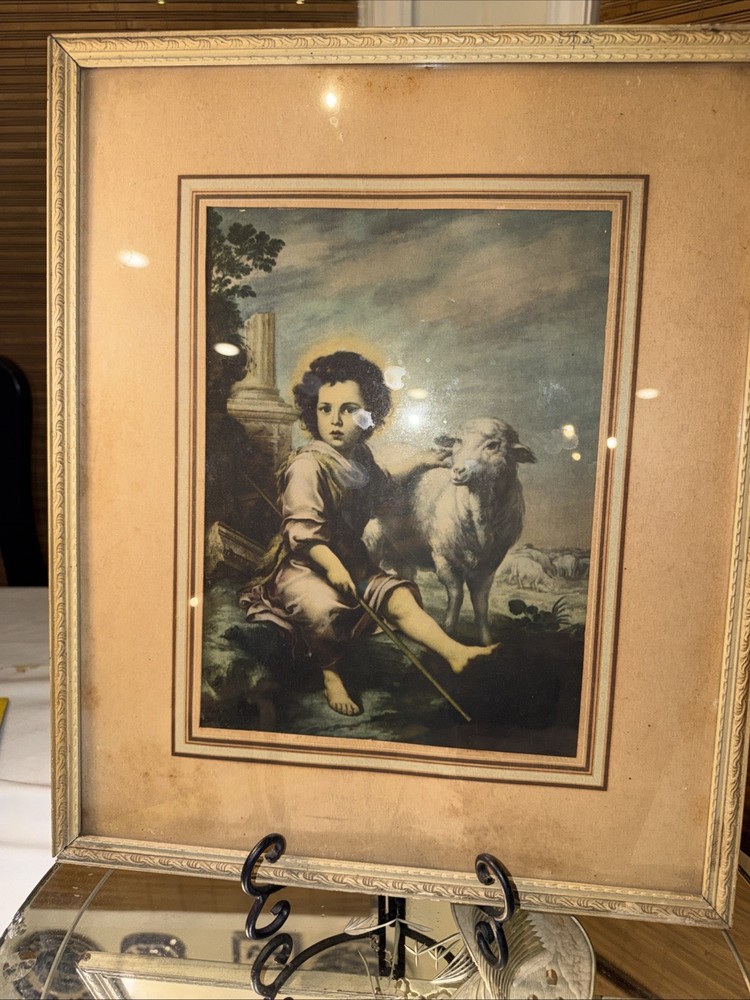 VTG Painting The Good Shepherd Bartolome Esteban Murillo Boy Jesus Lamb Copy