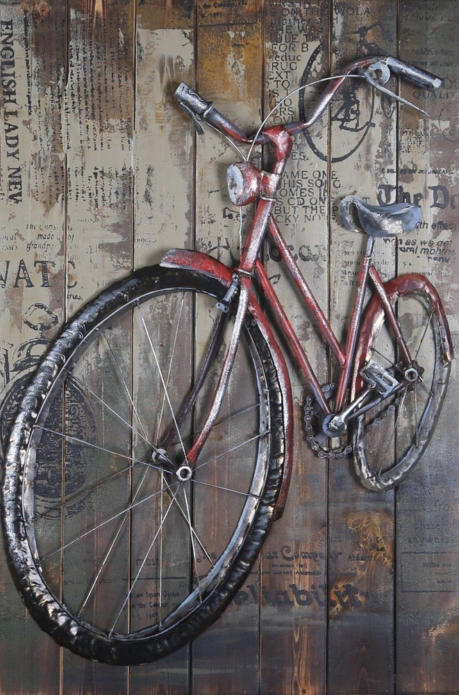 Red Bicycle Mixed Media Metal amp; Wood 3D Wall Art Painting Original Art Decor