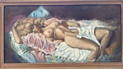 Chuck Oberstein Signed Reclining Female Nude Original Oil Painting 24″x39″