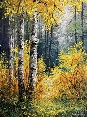 Original Oil Painting Golden Birch Forest, Autumn Woodland Landscape, Sunlit Art