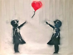BANKSY — TWO BALLOON GIRLS LARGE ORIGINAL STENCIL SPRAY PAINTING, ON SALE !!!