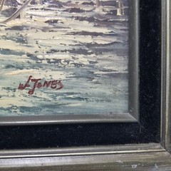 Vintage Original W Jones Nautical Oil on Canvas Fishing Boat Harbor 28 X 22