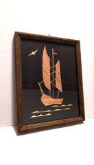 Vintage 70s Poland Sail Boat Straw Picture Black Fabric Ship Straw Painting
