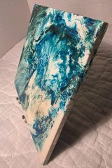 Ceramic Tile Abstract Acrylic Pour Painting Fluid Art Set of 2 Blue Gold Green