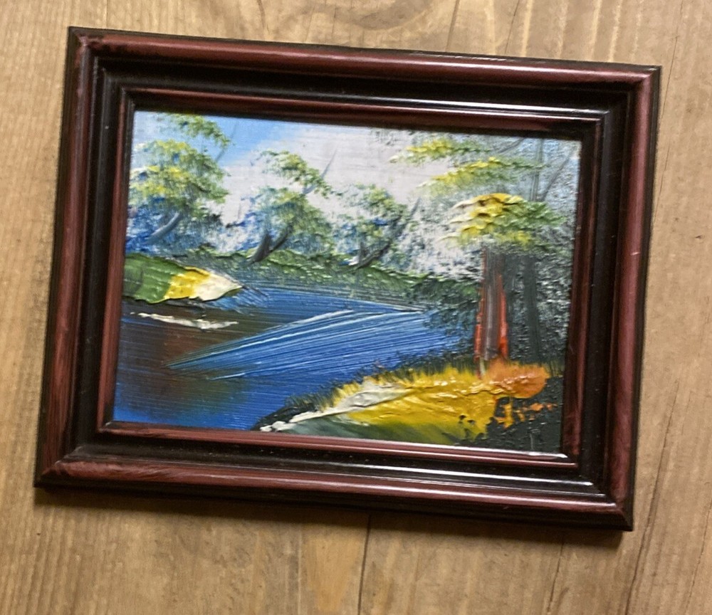 Painting Mini Oil Painting 5 1/2 X 4 1/2”Landscape Running Brook Trees
