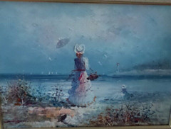 Vintage Original Oil Framed in Wood Gold Gilt Frame Ladies on Beach