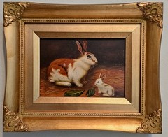 Vtg Miniature Oil Painting of Bunny Rabbits by Robert Grace 4.5″ X 6.5″