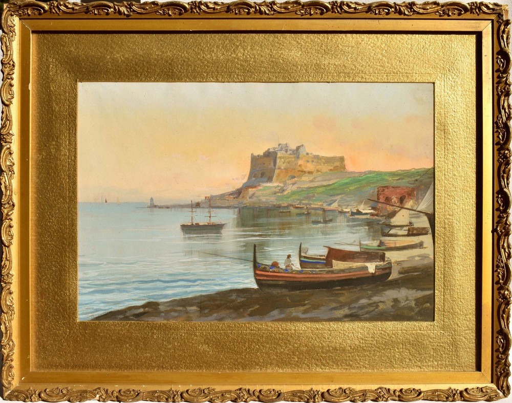 Original 19th C. Italian Watercolor – Bay of Naples – Baia Castle, Fishing Boats