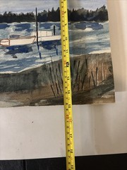 VTG 1960s Original Watercolor Coastal Fishing Shack Harbor Boats Nautical Paint