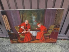 Antique Oil canvas painting cardinals playing Board game interior religious