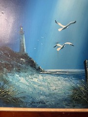 Large Philip Sadee „Seaside With Lighthouse Gulls“ Oil Painting – Signed/Framed