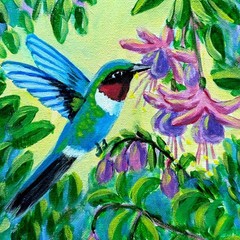 Original Nature 8×10 Canvas Painting Signed Blue Hummingbird Impressionist Decor