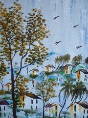 HAITI HAITIAN SCHOOL VINTAGE OIL PAINTING CANVAS, MODERN VILLAGE FIGURAL SURREAL