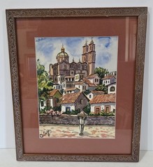 Vintage Spanish Colonial Style Cityscape Original Watercolor Painting Signed