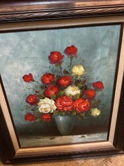 VINTAGE RED AND WHITE ROSES FLORAL OIL PAINTING ON CANVAS BY FRANCOISE