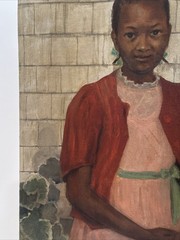 ANTIQUE PAINTING BLACK GIRL YOUNG WOMAN AFRICAN AMERICAN OIL SIGNED RUTH 24 INCH