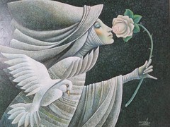 Myung Mario Jung Beauty! Surrealism women peace flower 28″x24″ O/C