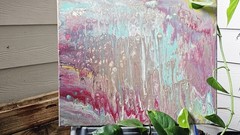 Abstract Acrylic Pour Painting on Canvas Wall Art – Pink Teal Beige, Unframed