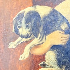 Antique 1883 Oil Painting Girl Spaniel Puppies Victorian Wood Panel Walnut Frame