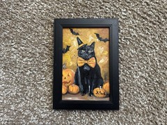 ORIGINAL OIL PAINTING BLACK CAT PUMPKIN AUTUMN HALLOWEEN SIGNED FRAMED 4×6