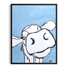Original Abstract 11×14 Cow Landscape Painting Blue Acrylic Wall Art Canvas
