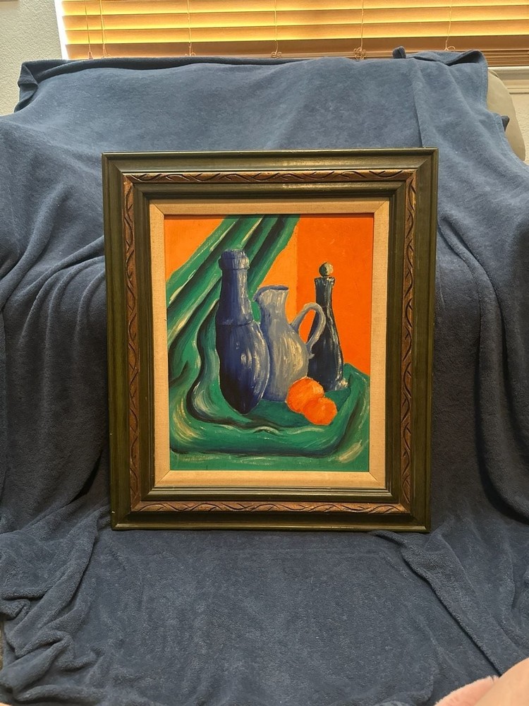 Expressionist Still Life Oil Painting with Blue Bottles