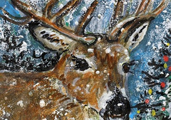 ORIGINAL ACEO Deer Painting BUCK Winter Snow Animal Landscape Xmas Tree ATC ART