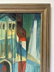 Antique Cubist Painting New York Modernist Expressionist Architectural Mystery