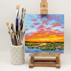 Sunset Over Marsh Painting Oil Original Low Country Art Evening Sky Scenery Art