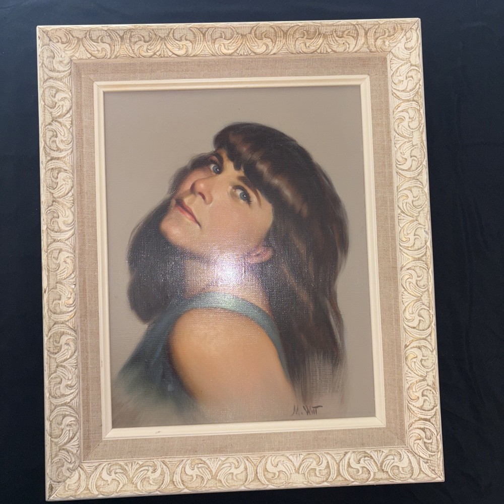 Vintage 1971 Portrait Oil Painting Brunette Woman w/Blue Eyes Signed M. Witt