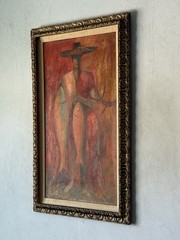 ANTHONY RIZZO VINTAGE MODERN ABSTRACT CUBIST CUBISM OIL PAINTING RED FISHERMAN