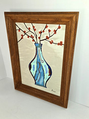 Vintage Still Life Blue Vase w/Red Blossoms Signed Oak Frame 17″ x 13″