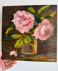 Flowers Roses Original Oil Painting on Canvas Bouquet Impasto Artwork Signed 8×8