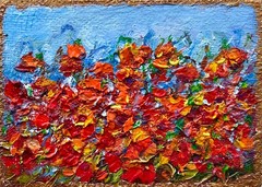 ACEO Original Oil Painting Poppies Blooming Canvas Impasto 2.5×3.5in Signed OS