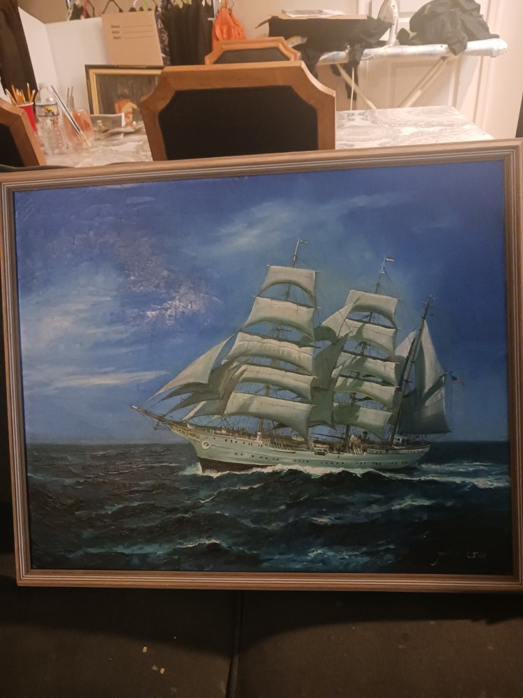 YUN HI SOO (HEI) KOREAN ORIGINAL OIL ON CANVAS Sail Boat Clipper Ship PAINTING