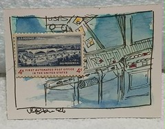 Postal Whimsy OOAK ACEO 4c Automated Post Office Watercolor Mail Art by Virginia