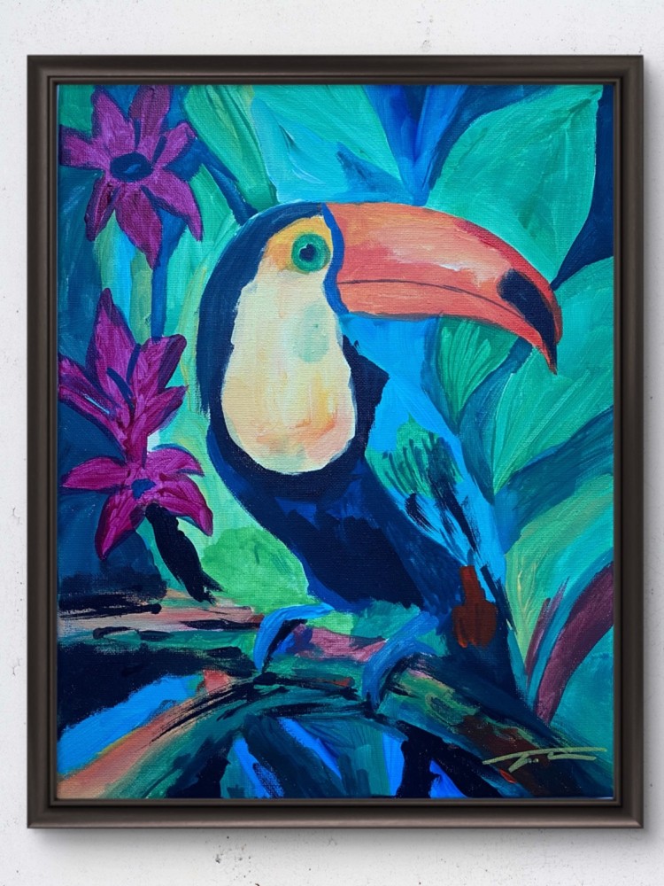 Colorful Toucan Tropical Bird Acrylic Abstract Original Art 14×11 Canvas