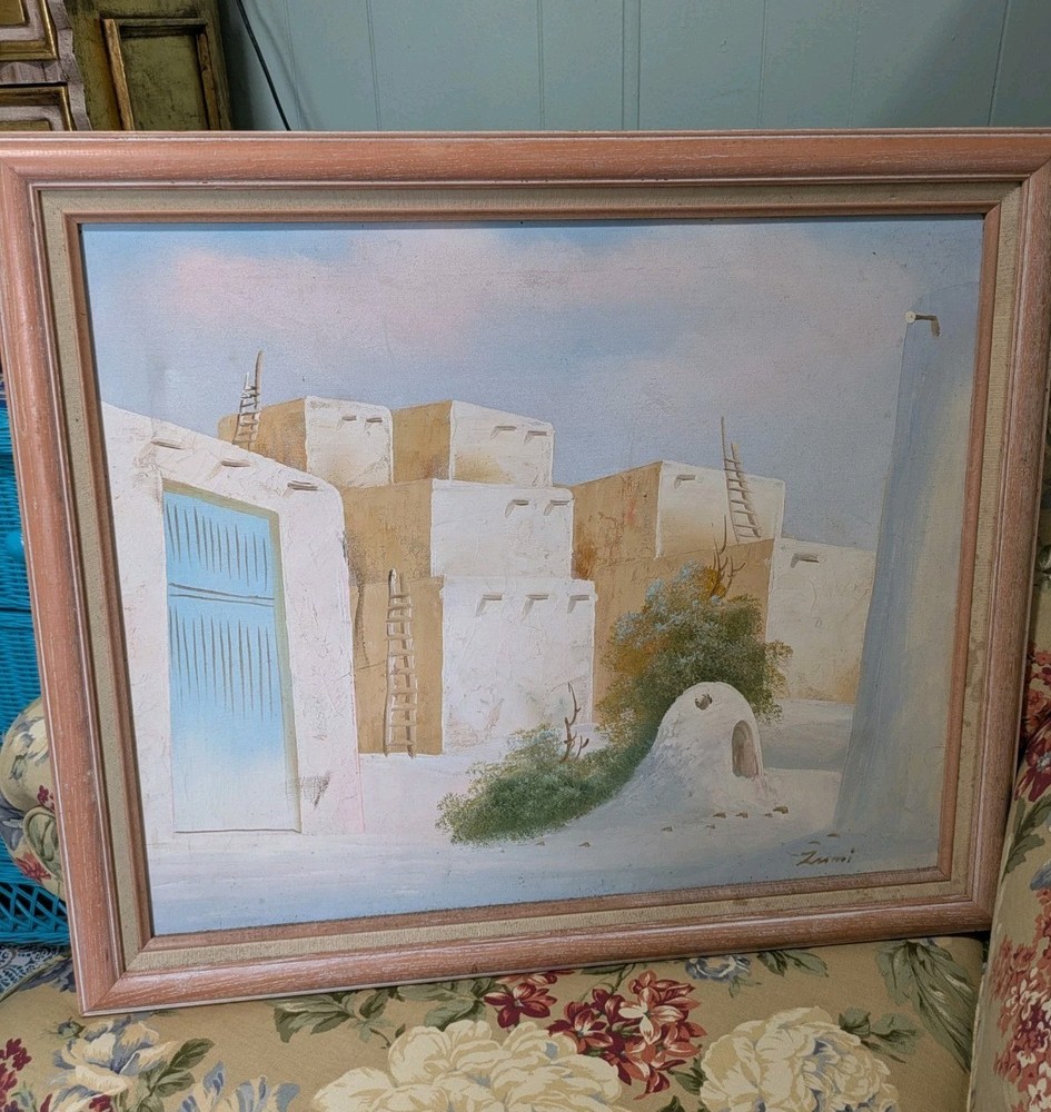 Vintage 23 X 28 Framed Original Southwestern Adobe Oil Painting On Canvas