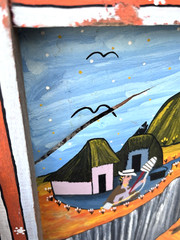 Vintage Tigua Folk Art Village Town Painting Sheepskin Canvas Ecuador 31×23″
