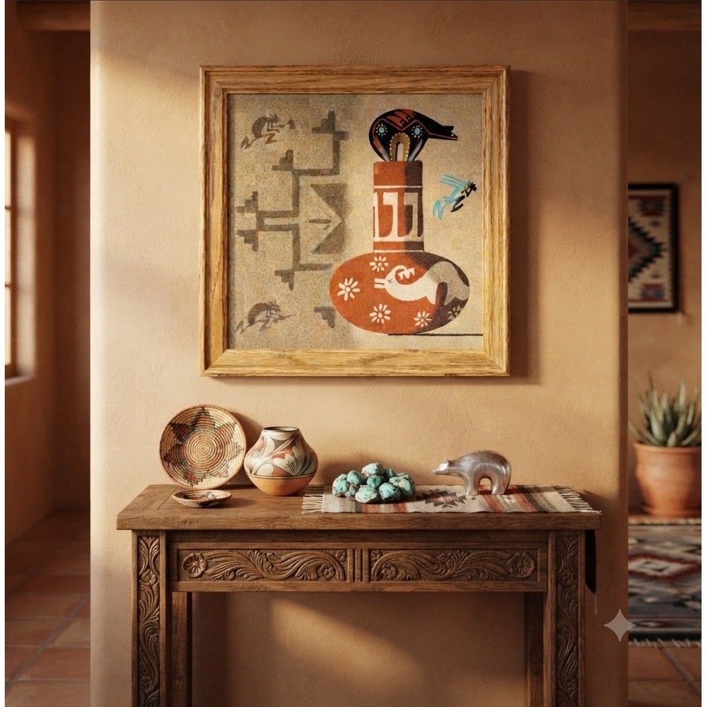 E Tyler Pottery w Bear Sand Art Painting Framed Southwestern Kokopelli 16×16