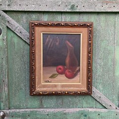 11″ x 14″ Vintage Oil Still life Painting of Pitcher 2 Apples Gold Frame Velvet
