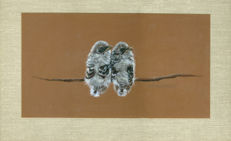 Watercolor – Tempera Painting 2 Birds on Branch, Signed C. Pelzek c1970s-80s